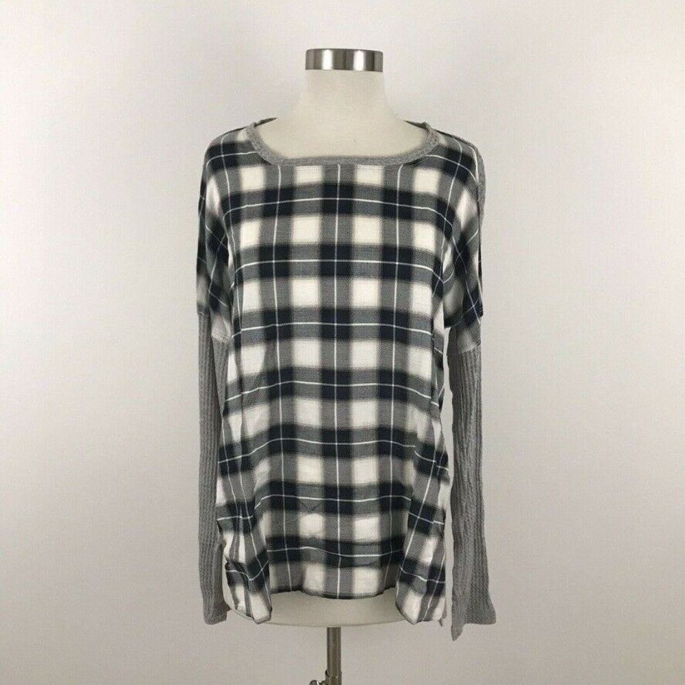 DYLAN Top Women Small Gray Plaid Waffle Knit Long Sleeve NWT